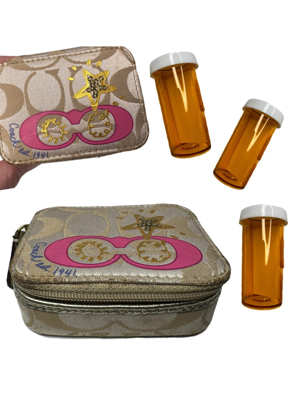 Coach Poppy Triple Pill Box Khaki/Gold/Pink Signature Travel Case